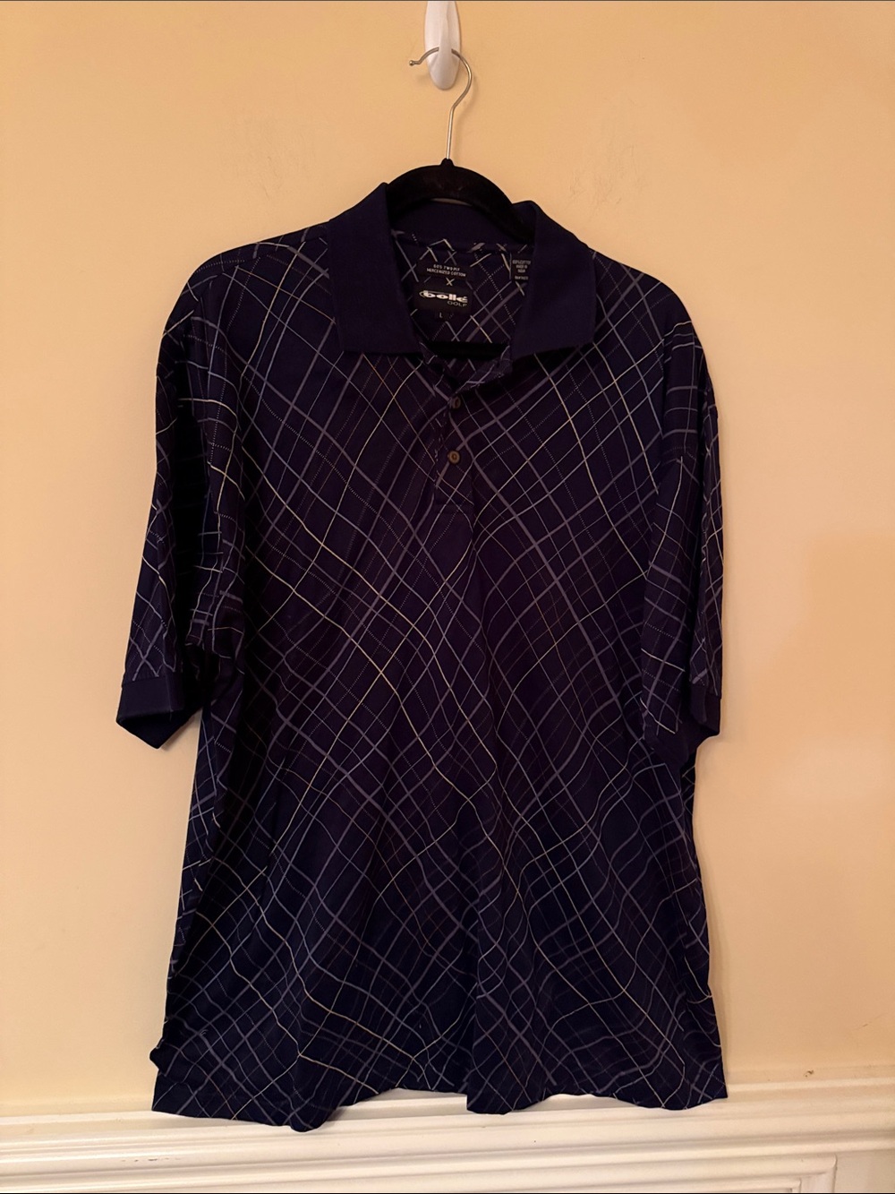 Bolle Golf 60's Two Ply 100% Cotton Navy Geometric‎ Grid Polo Shirt Size Large